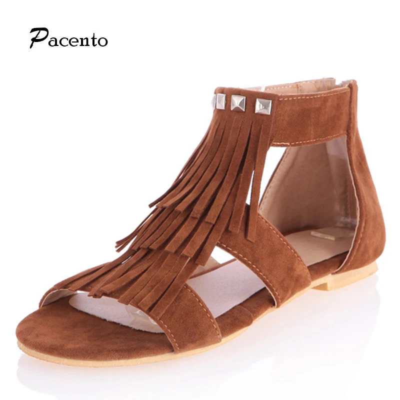 2016 Woman Fringe Sandals Flat Brown Sandals Fringes Ladies Women