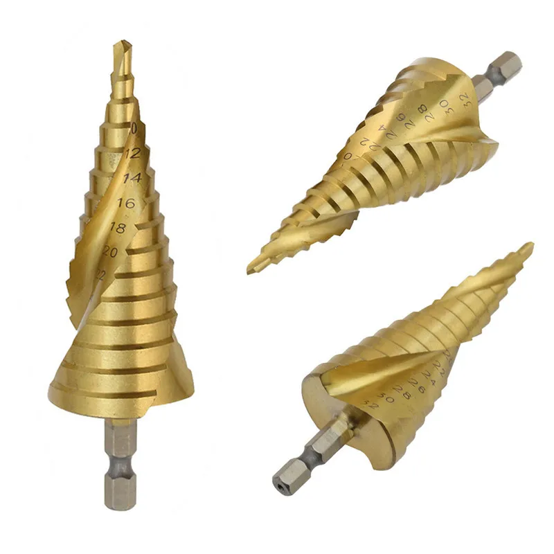 3PCS HSS Spiral Cone Titanium Coated Metal Core Step Drill Bit Set 4-12mm 4-20mm 4-32mm Hex Shank High Speed Steel Drilling Tool 3PCS HSS Spiral Cone Titanium Coated Metal Core Step Drill Bit Set 4-12mm 4-20mm 4-32mm Hex Shank High Speed Steel Drilling Tool