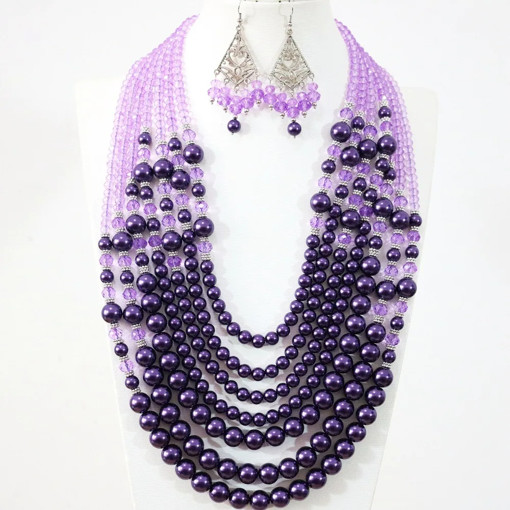 

Bohemia cute purple shell pearl crystal beads 7 rows necklace earrings charms handmade women jewelry set B1313
