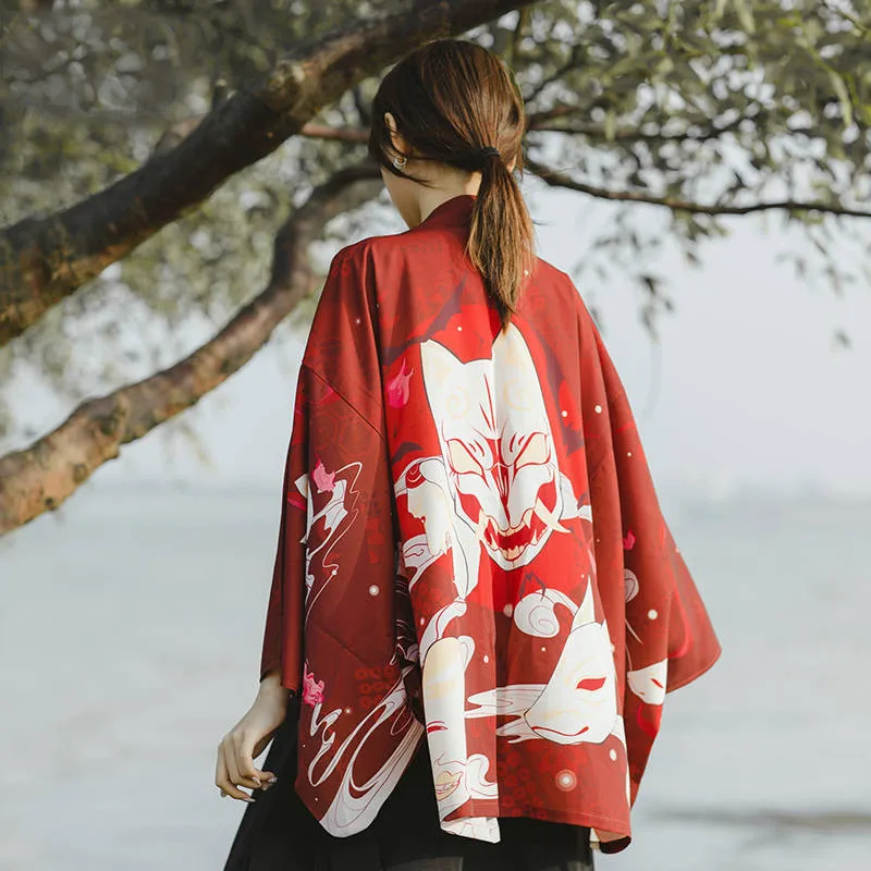 Винтажные японские топы Харадзюку, Повседневная рубашка с мультяшным котом, японское кимоно с принтом, шифоновый кардиган, модная рубашка для женщин