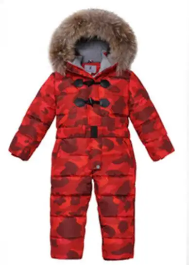 red camouflage Детские Пуховые комбинезоны с капюшоном из натурального меха, теплые зимние комбинезоны для мальчиков и девочек, детская одежда для детей от 3 до 8 лет - Цвет: red camouflage