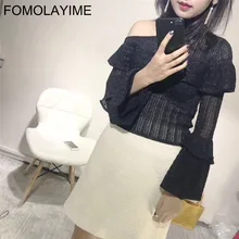 FOMOLAYIME Топы Новая Европейская мода расклешенные рукава деревянные ухо трикотажные одно плечо рубашка для женщин