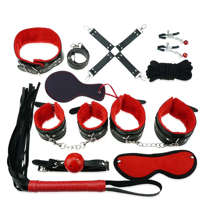 10 Pcs Funny Game Toys for Adults BDSM Bondage Set Handcuffs Nipple Clamps Gag Whip Rope Toys