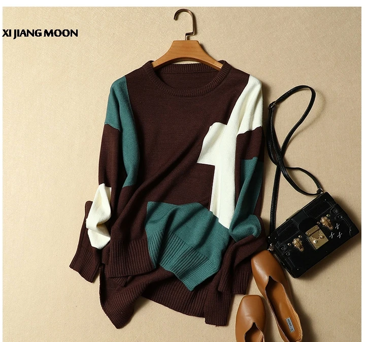 

2019 Autumn New Women Fashion Knitting Sweater Loose Literary Temperament High Quality Patchwork Colour Pullover Shrug R609