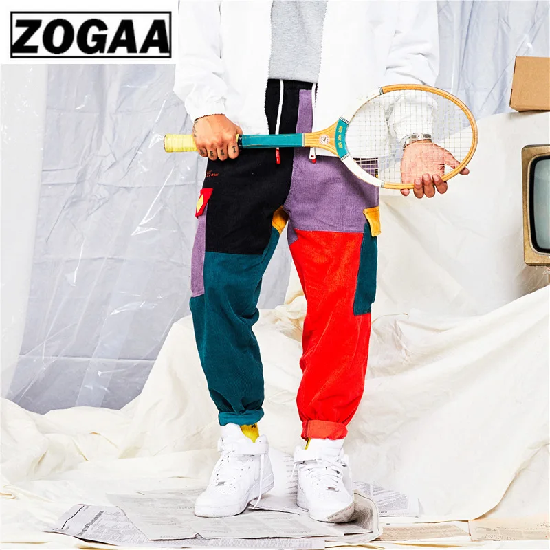 Zogaa новые мужские Модные джинсы Цветные Лоскутные вельветовые брюки карго уличная хлопчатобумажные брюки Беговые штаны