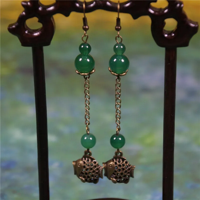 

National style Goldfish Earrings Hollow Fish Green Chalcedony Jewelry China Wind Long Vintage Jewelry