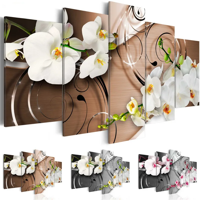 

Home Decor Wall Art Canvas Pictures 5 Pieces Moth Orchid Blossom Painting Modular Prints White Flowers Poster Living Room Framed