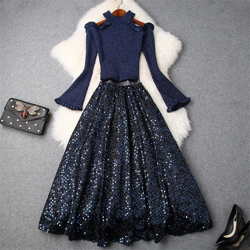 

Top Brand Designer Women Sweater Skirt 2Pcs Set 2019 Autumn Winter Off Shoulder Knitted Top+Sequins Skirt Suit Set Lady Twinset