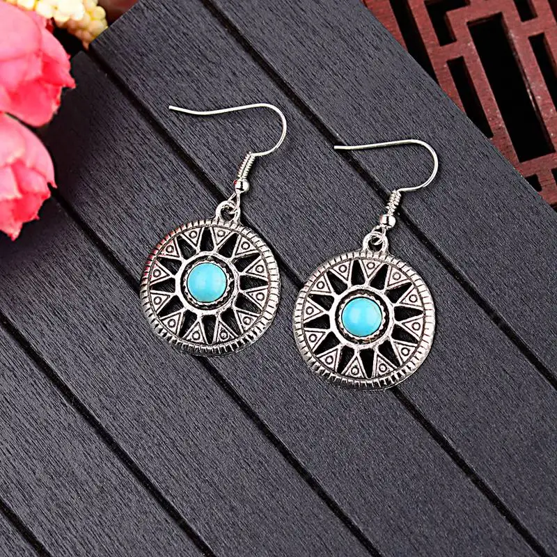 

Top Hanqi Womens Antique Sliver Color Dangle Earrings With Blue Stone Bohemian Hollow Big Round Drop Earrings For Women Jewelry