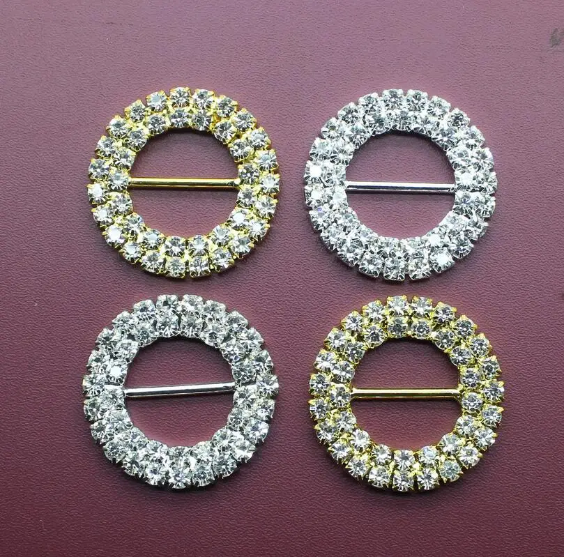 10 Pieces 27mm Double Rows Rhinestone Buckle Crystal Slider Round