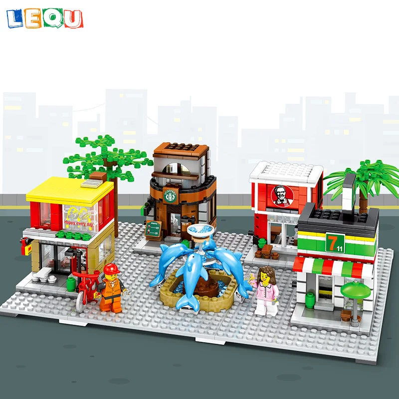 

4 IN 1 Mini Street View Building Blocks City Store Coffee Convenient Shop Fast Food Toys Bricks LegoINGlys