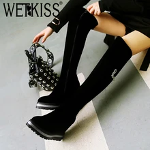 WETKISS/флоковые женские сапоги на высоком каблуке; женские Сапоги выше колена с острым носком, на молнии, украшенные стразами; обувь на платформе; женская обувь; коллекция года; Цвет Черный