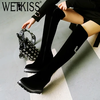 

WETKISS Flock High Heels Women Boots Pointed Toe Zip Crystal Footwear Over The Knee Ladies Boot Platform Shoes Woman 2020 Black