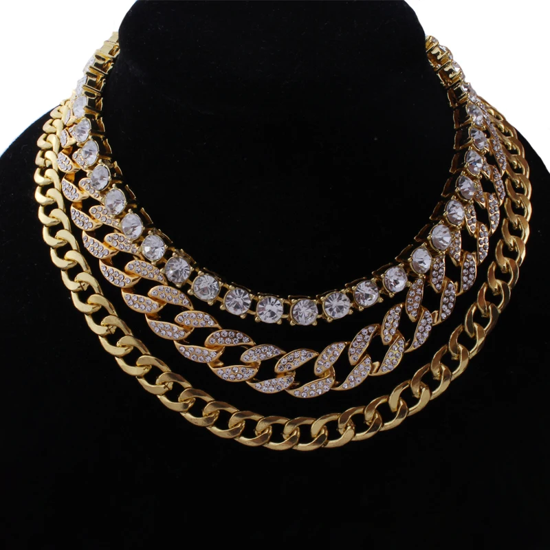 

Hip Hop CZ Miami Cuban Choker 18" Cuban & 20" Full Iced Cuban & 1 Row CZ Crystal Chain Combo Set