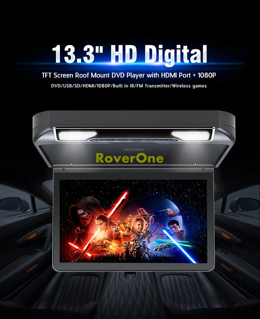 RoverOne 13,3 ''HD разрешение откидной верхний потолок на крыше монитор dvd-плеер 1080P видео USB SD HDMI MP5 беспроводная игра