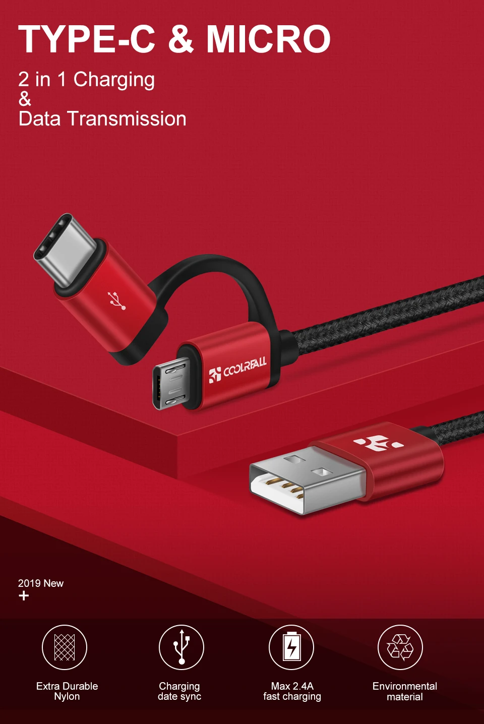 Coolreall 2.4A Micro USB кабель 2 в 1 usb type C Быстрая зарядка данных USB C зарядное устройство кабель для samsung Xiaomi Oneplus huawei P9