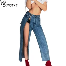 Сексуальные повседневные джинсы из денима с разрезом сбоку и открытой молнией, летние свободные брюки для женщин, новые модные уличные широкие брюки с высокой талией