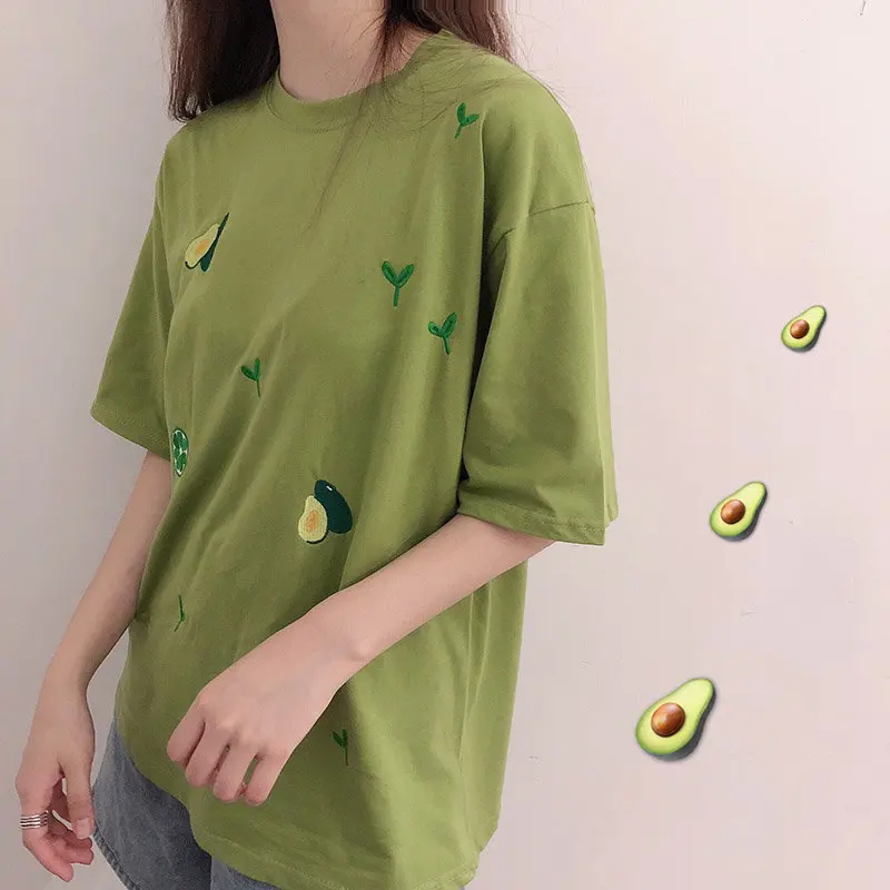 

Alien Kitty Summer 2019 New Women Loose Embroidery Avocado T-shirts Tops All-Match Short-Sleeved Pullovers Fresh O-Neck T-shirt