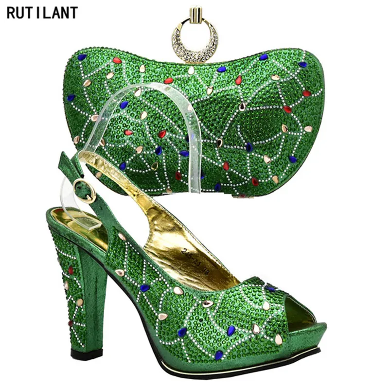 

Green Color Italian Shoes with Matching Bags Ladies Shoes with Matching Bags Set Decorated with Rhinestone Nigerian Women Shoes