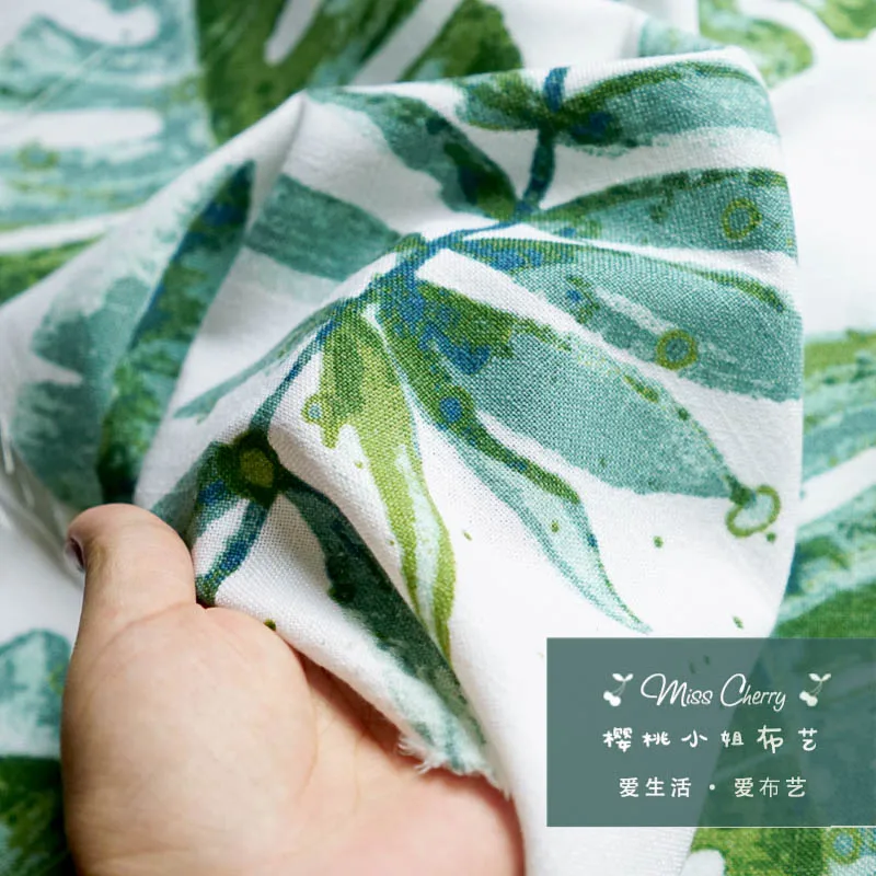 

INS air breathable large leaf green planting bamboo section cotton and linen blended curtain fabric green thick fabric DIY table