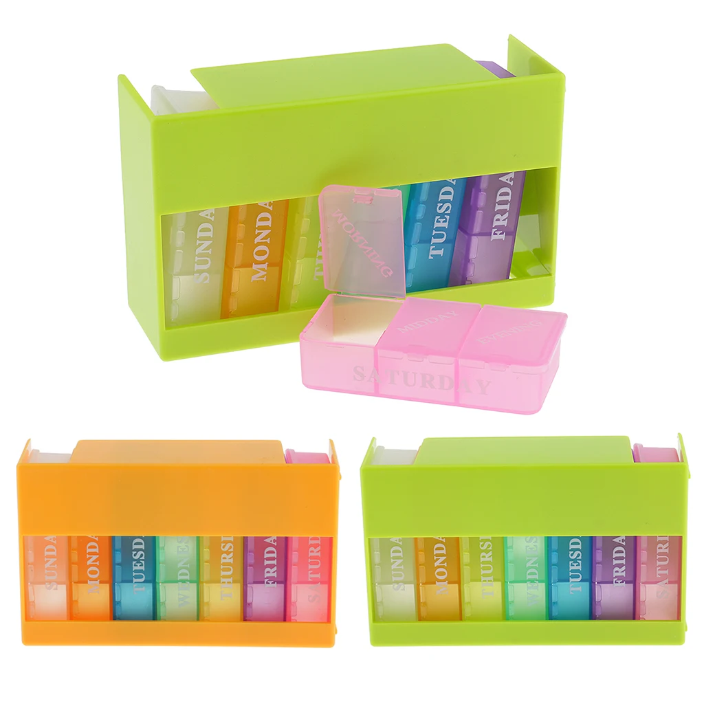 

21 Compartments Pill Organizer Box Medicine Remainder with Snap Lids 7 Day Weekly for Pills Vitamins Morning/ Midday/ Evening
