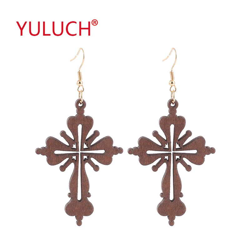 YULUCH Популярные Религиозные ювелирные изделия деревянный крест выдалбливают кулон серьги для веры Для женщин модные вечерние подарки