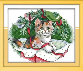 

Christmas kitten Printed Canvas Cross Stitch Kit Home Decore DIY 14CT Canvas DMC Gift Embroidery Needlework Cross-stitch set