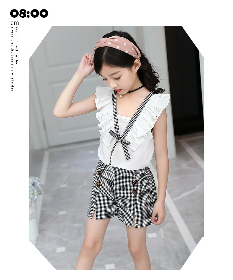 Casual Teen Girls Clothes 2019 New Summer Children Clothing Set Ruffles Tops Plaid Shorts 2Pcs Kids Suit For Girls Outfits 3-14Y (6)