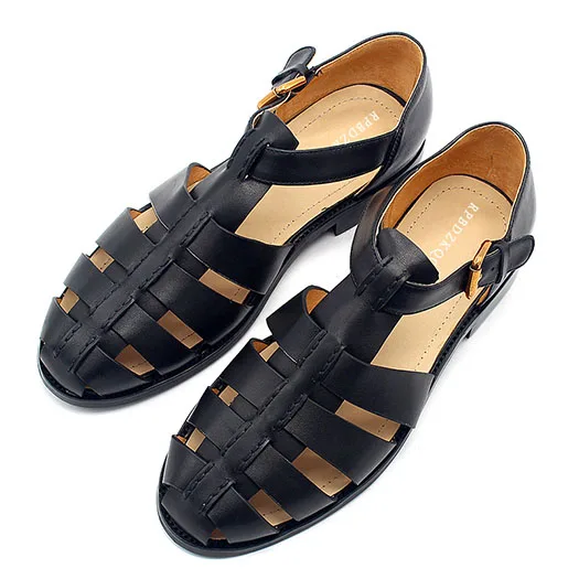 Настоящая кожа обувь повседневная высокое качество закрытый носок размер 45 плюс Мужчины гладиаторские сандалии лето на открытом воздухе черный Римский большой - Цвет: Black
