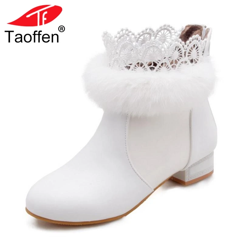

TAOFFEN Size 31-43 Ankle Boots Women Winter Fur Embroidery Ruffles Shoes Woman Square Heels Fashion Round Toe Ladies Shoes