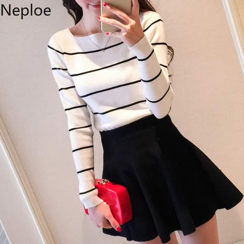 

Neploe Korean Skinny Simple Women Sweaters Slash Neck Striped Full Pullovers Sleeve Jumper Sweater Cotton Sweater 45432