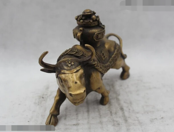 

free 7"Chinese Folk Pure Bronze Lucky excellent Money drawin Ox Statue fast