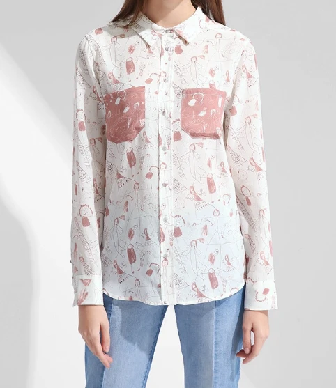 

Women's Shirts Funny Silk Pink Blouse Tops Female Long Sleeve Casual Button Blouses