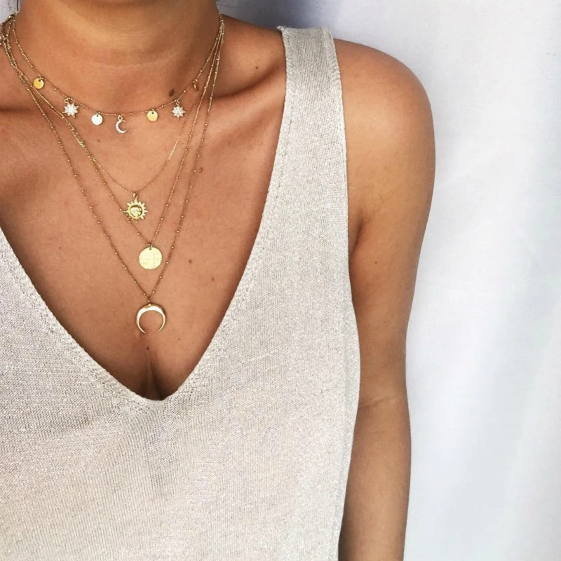 Новое популярное модное ожерелье Луна солнце звезда многослойное круглое ожерелье для женщин горячие ювелирные изделия оптом