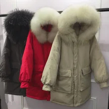 Большой натуральный мех енота длинные Парка на пуху Для женщин Зимняя куртка Для женщин теплые свободные белая утка вниз женский Куртка плотное пальто