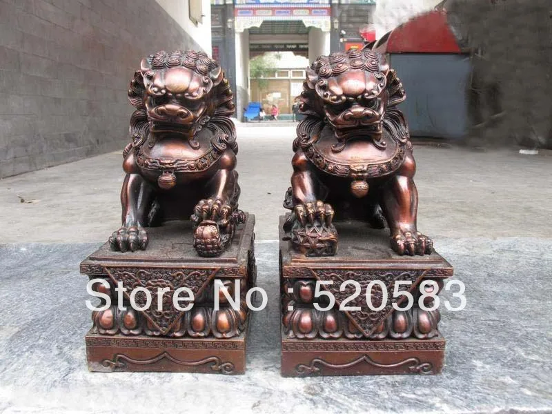 

10"China Pure Red Bronze Palace Evil Door Fu Foo Dog Lion Fengshui Statue Pair
