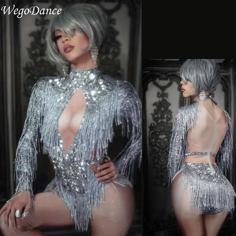 Новые Блестящие Серебряные Кристаллы бахрома танцевальный костюм перчатки со стразами кисточкой боди вечерние Одежда для сцены танцевальное шоу сексуальный купальник