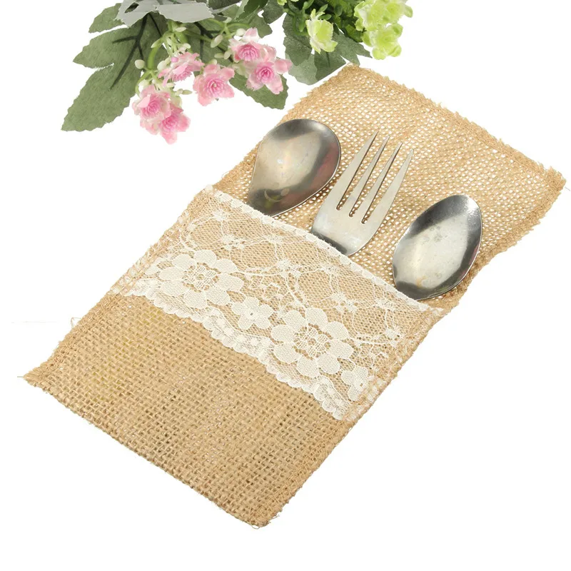 Kiwarm 5pcs Burlap Silverware Holders Wedding Jute Lace Pouch Cover