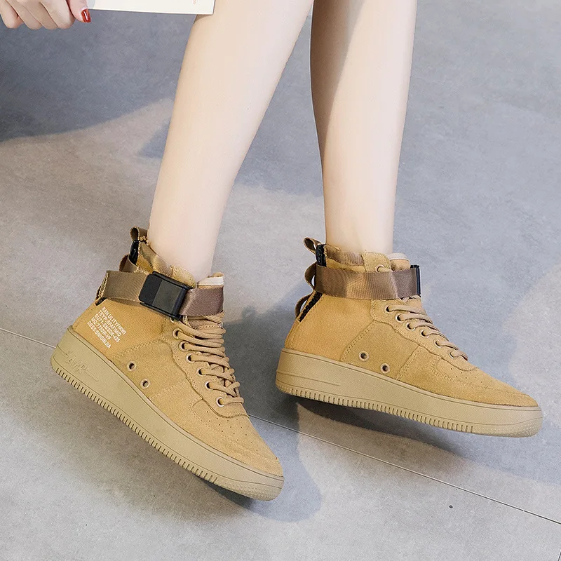 

MoBeiNi 2018 Winter new women's shoes high shoes breathable platform Flock Ankle Flat with Solid Cross-tied Fits true to size