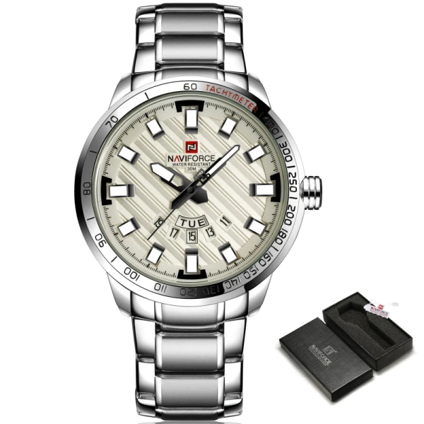 Роскошный бренд NAVIFORCE часы мужские спортивные полностью Стальные кварцевые часы мужские 3ATM водонепроницаемые часы мужские военные наручные часы - Цвет: Silver White