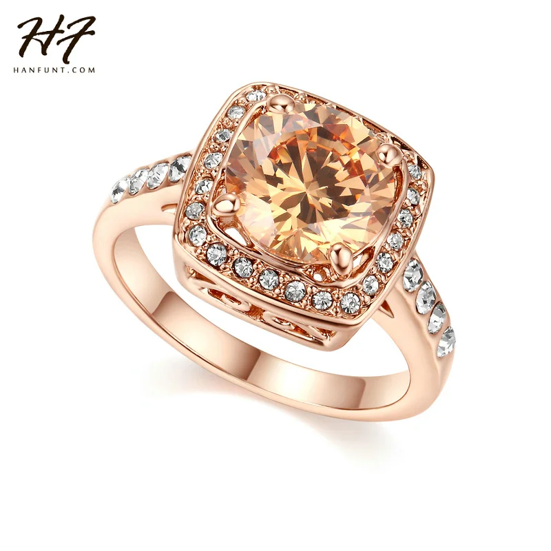 Trendy Champagne Crystal Rings for Women AAA+ Cubic Zirconia Rose Gold Color Fashion Jewelry Xmas Gift for Girls R057