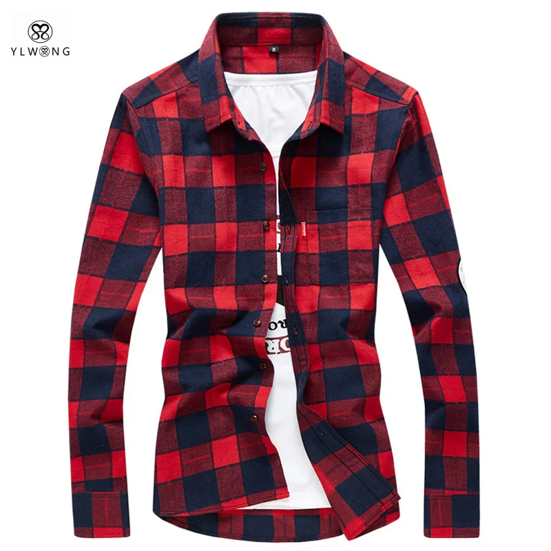 YLWONG Luxury Brand Shirt Men Plaid Flannel Cotton Camisa Masculina Mens Dress Shirts Full Sleeve font