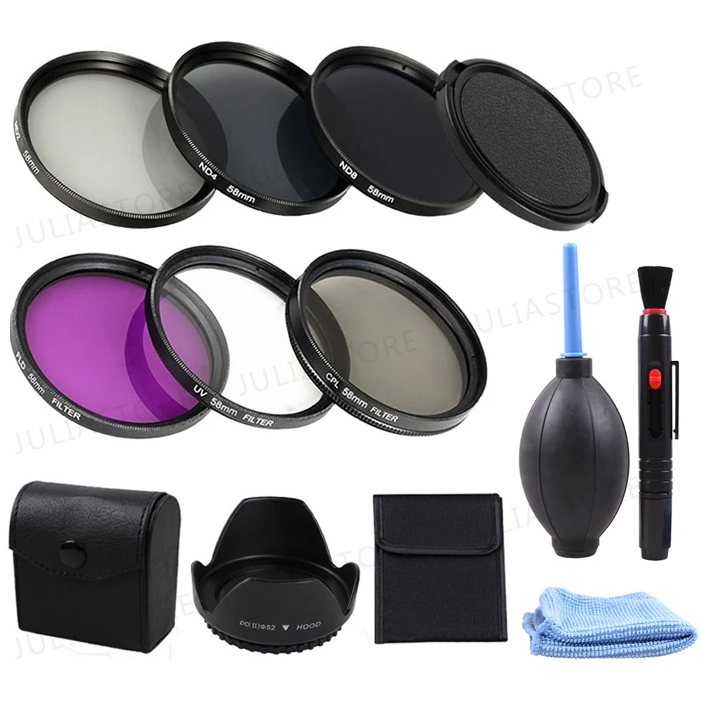 

49 52 55 58 62 67 72 77 MM UV CPL FLD ND 2 4 8 Neutral Density Filter Lens Set + lens hood+Lens Cap+Cleaning kit For Canon Nikon