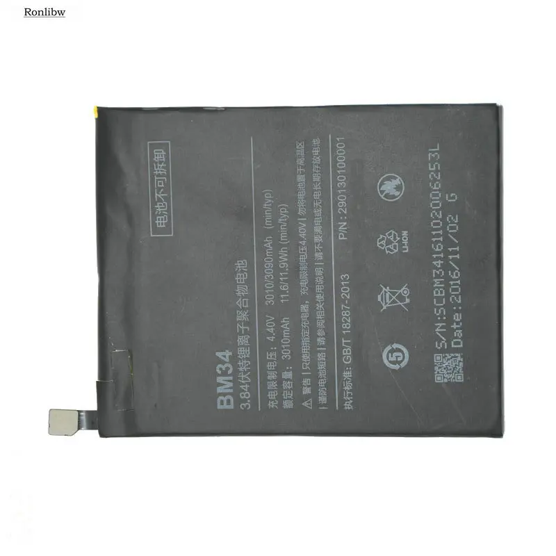 Ronlibw Высококачественная батарея для Xiaomi Phone BM34 BM 343010mAh 3 84 V запасная Mi Note Pro
