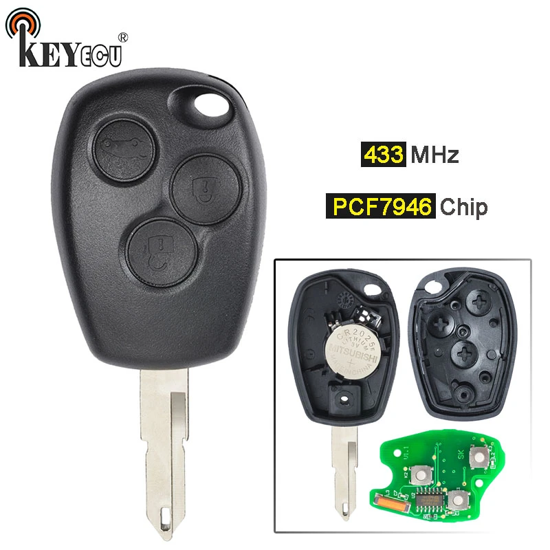 Uncut 3 Button Remote Key Fob 433MHz w/ Transponder Chip PCF7946 fit for RENAULT