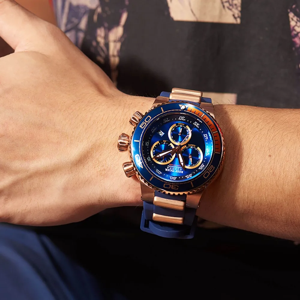 Reef Tiger/RT Top Brand Luxury Blue Sport Watch for Men Rose Gold