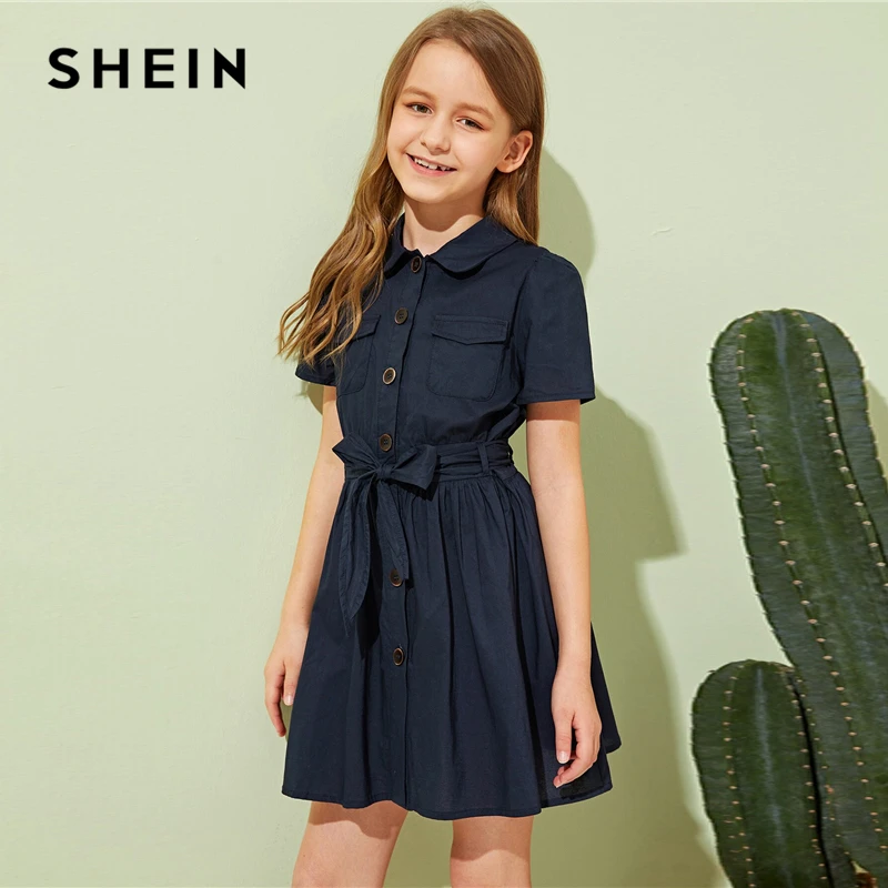 SHEIN Kiddie/платье-рубашка с одной пуговицей спереди и поясом для девочек; коллекция года; летнее короткое платье с короткими рукавами и двумя карманами для детей