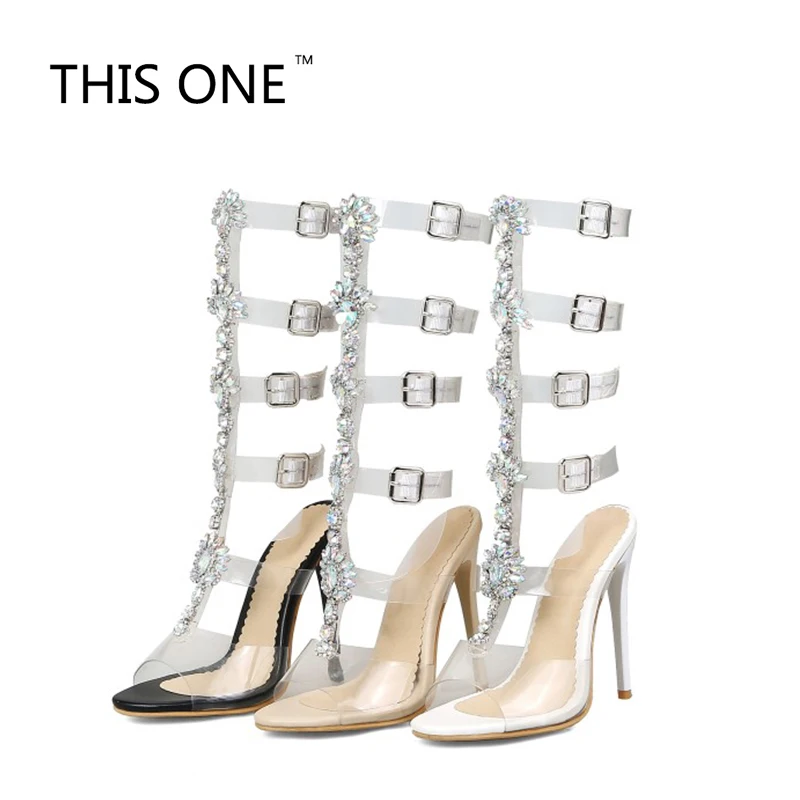 

2018 Sexy Pvc Transparent Gladiator Sandals Woman Open Toe T-strap Rhinestone Diamond Clear High Heel Shoes Women Summer Boots