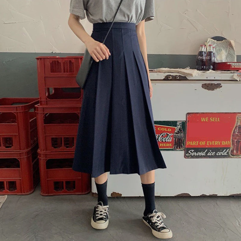 Korean Summer Midi Skirt Women Sweet High Waist Pleated A-line Long School Dress