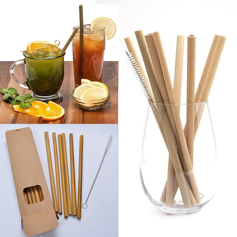 10pcs Bamboo Drinking Straws Reusable Eco Friendly Party Kitchen + Clean Brushin Drinking